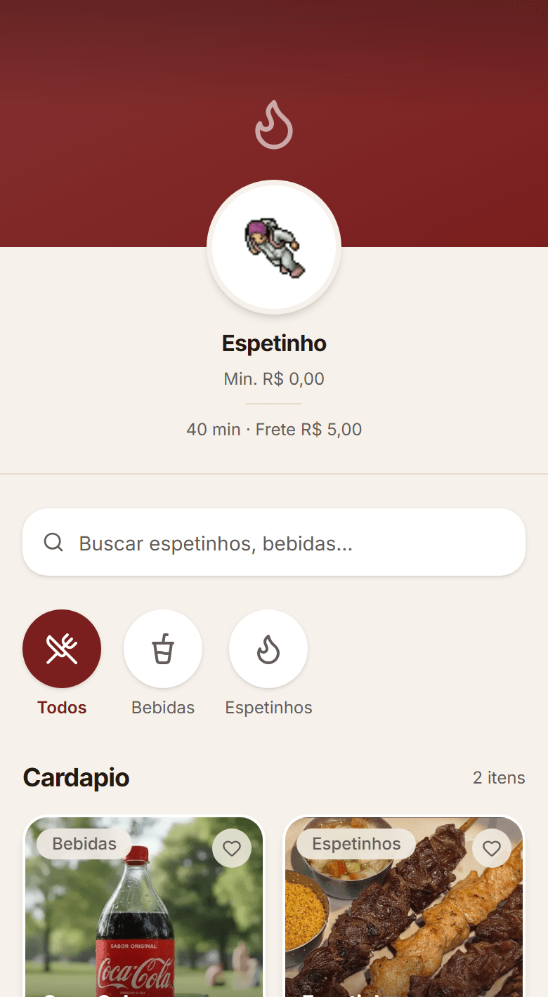 Cardápio digital da loja no celular, com busca, categorias e fotos de produto
